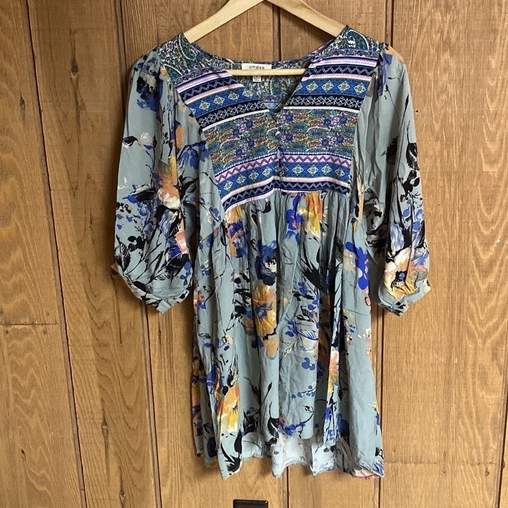 Umgee boho peasant empire waist loose‎ fit multi print  dress tunic women’s S